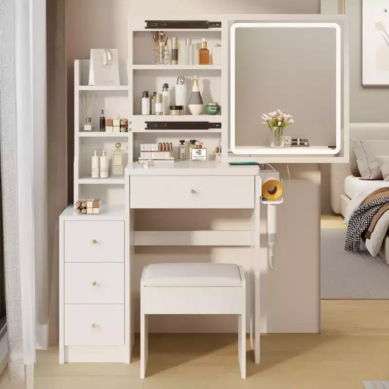 Okak Sliding Mirror Vanity Desk, Space-Saving Makeup Table with Hidden Storage, 3 Lighting Modes & Cushioned Stool for Small Bedrooms
