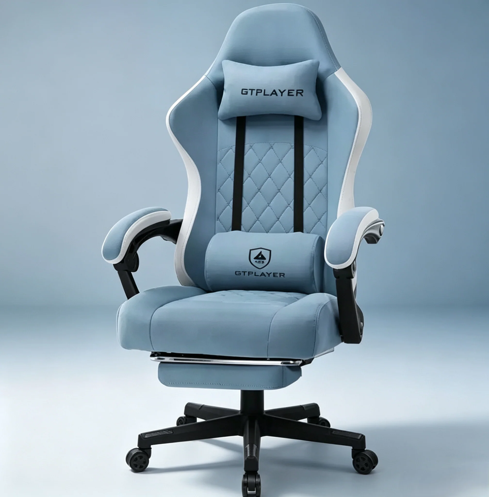 Gaming Chair with Linkage Armrests - Light Blue Fabric, Pocket Springs, Retractable Footrest