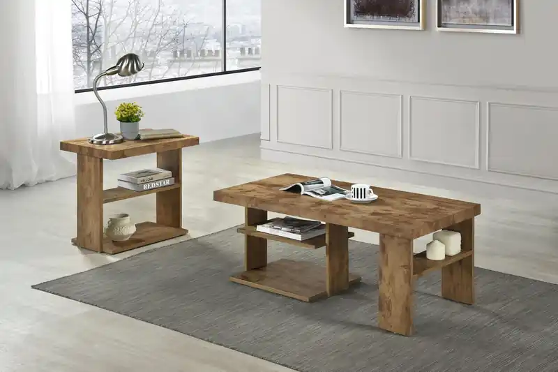 43.3 Rustic Coffee Table with Shelf - Light Pine Finish Wood