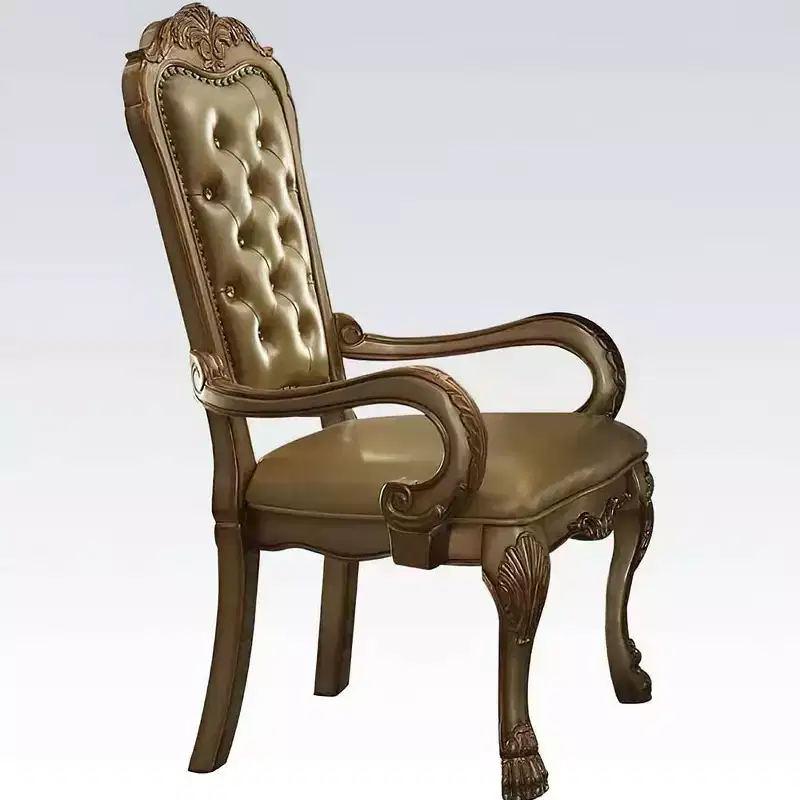 Set of 2 PU Upholstered Dining Armchairs – Bone White & Gold Patina, Button Tufted, Nailhead Trim