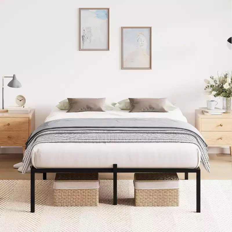Acekool Full Size Metal Bed Frame, 16 Inch Tall Platform, Heavy Duty 1000 lbs Support, No Box Spring Needed, Storage Space, Sturdy Steel Slats, Black