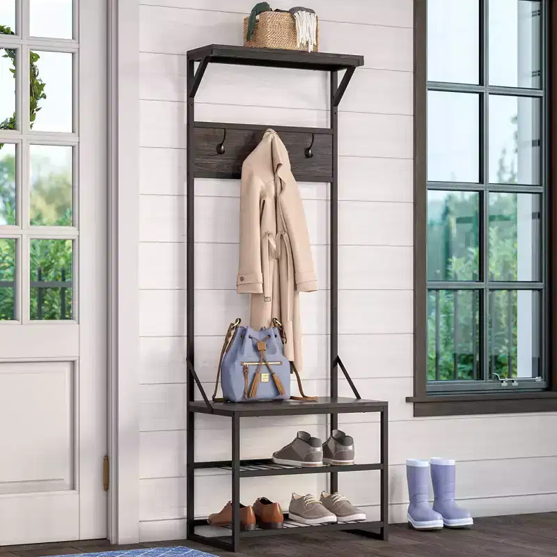 RiverRidge Afton Hall Tree Shoe Storage Organizer Cabinet with Hooks and Storage Shelf Entryway Bench Seat Weathered Woodgrain and Black Metal Frame