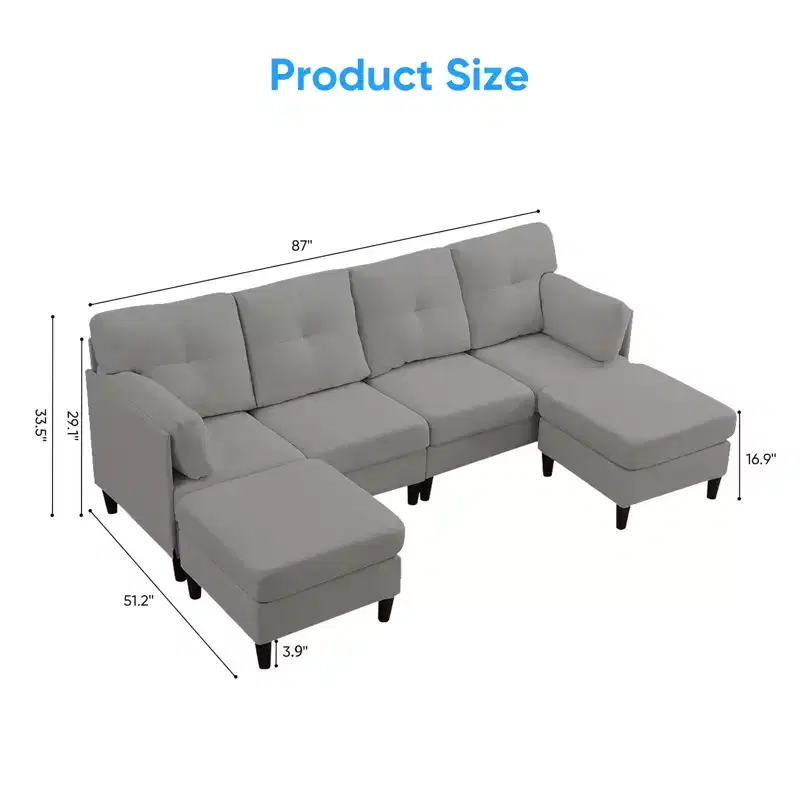 Mjkone Modular Convertible Sectional Sofa Couch, Upholstered Comfy Fabric 4-Seater Sofa with Movable Ottomans