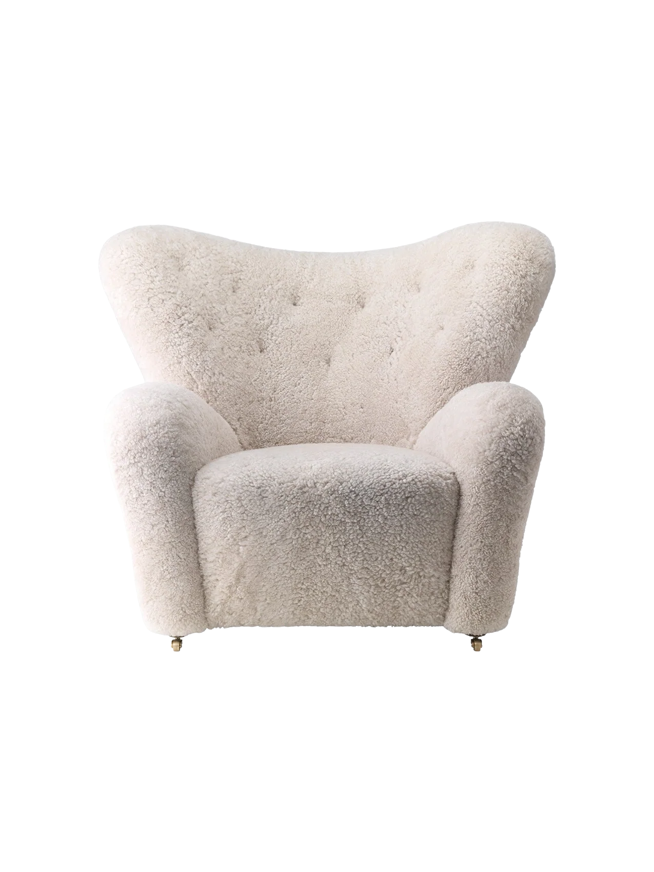 Lounge Chair in Sheepskin Curved Armchair, Oak Legs, Brass Casters