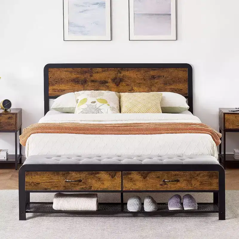 Rustic Brown Panel Bed Frame with Storage Drawers & Metal Slats