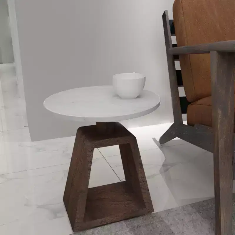 Royal Hampton 16.5 Inch Side End Table with Round White Genuine Marble Top and Handcrafted Mango Wood Base