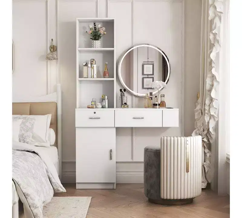 Modern Vanity Desk with Multi-Tier Storage, Built-In Mirror & LED Lights, White
