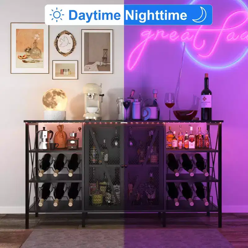 Farmhouse Wine Bar Cabinet, Industrial Coffee Bar Sideboard with Wine Rack and Glass Holder