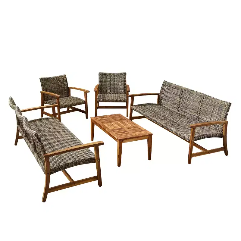 Christopher Knight Home Savannah Outdoor Acacia Wood and Wicker 8 Seater Sofa Chat Set