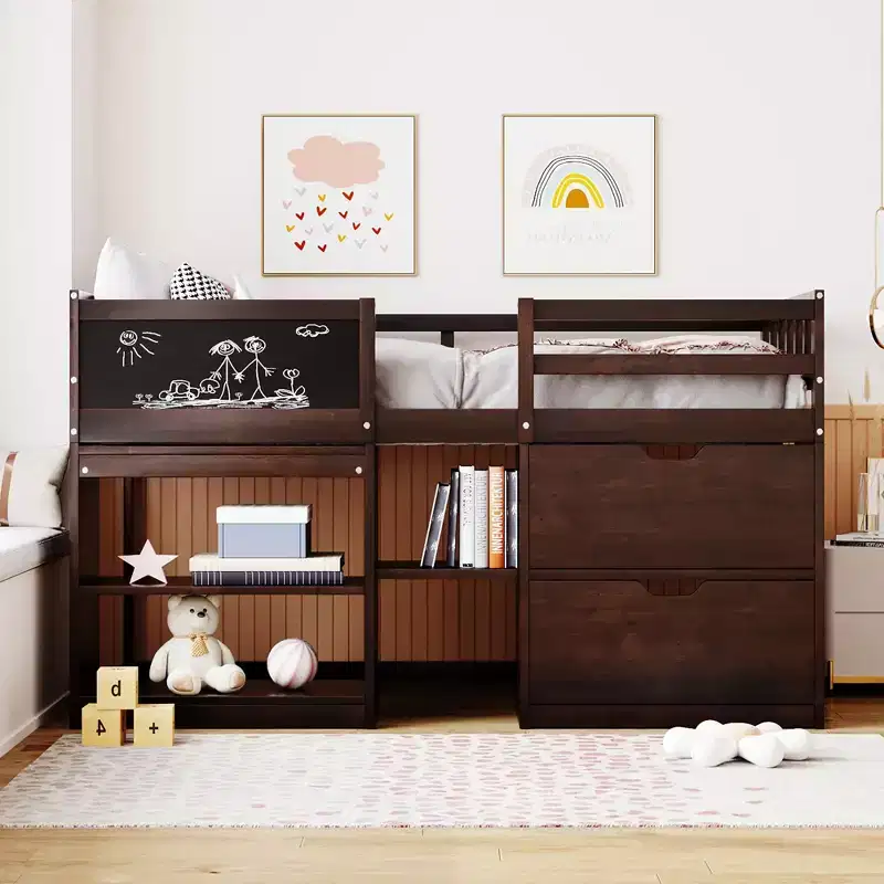 Low Loft Bed with Rolling Desk and Storage Shelves, Wood Twin Size Loft Beds with 2 Drawers and Chalkboard for Kids