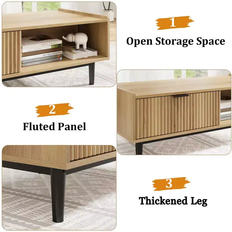 Coffee Table 42.5 Mid Century Modern Center Table with Drawer Fluted Living Room Table with Open Shelf Rectangle Coffee Table Easy Assembly