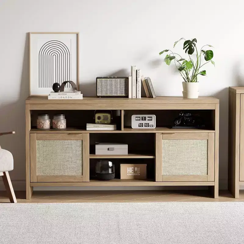 Modern Rattan TV Console 58 Inch Media Cabinet with 4 Open Drawers, 2 Doors, Adjustable Shelves, Storage Cabinet for TV up to 65 Inches