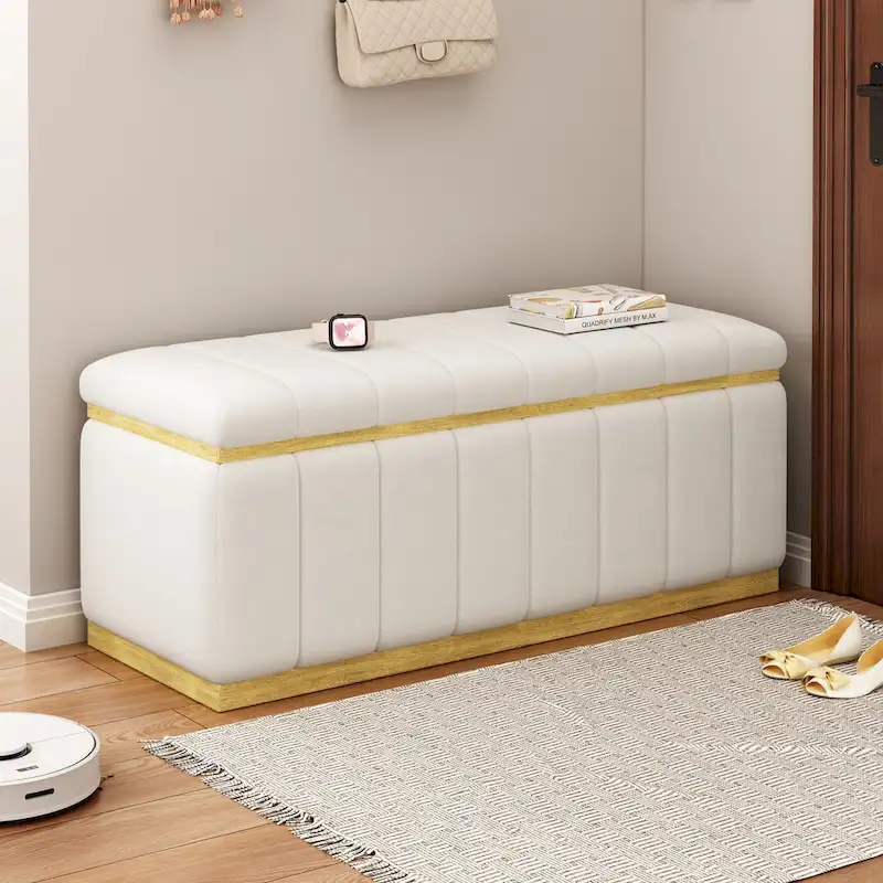 Beige Linen Storage Bench, Channel-Tufted, Seats 2–3