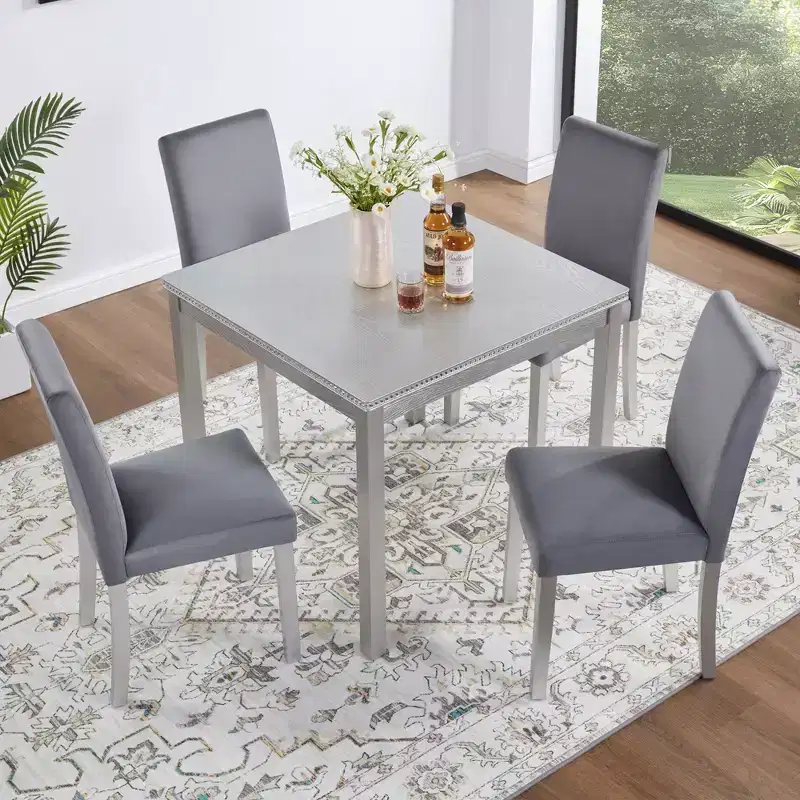 5 Piece Kitchen Table Set with a Square Table and 4 Upholstered Chairs,for Kitchen, Dining Room, Silver grey