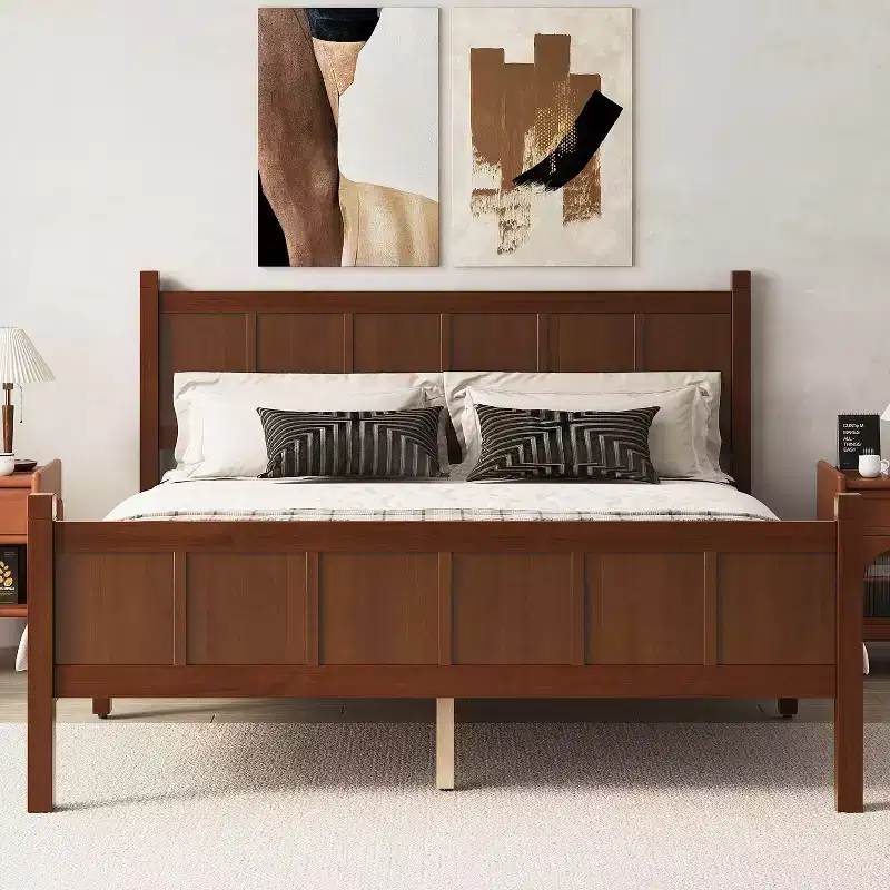 Queen Flat Panel Platform Bed with Headboard and Footboard, Wood Grain Shaker Farmhouse Bed Frame, Dark Walnut