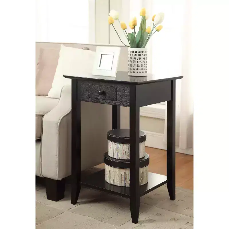 Square End Table with Drawer & Open Shelf - Black Hardwood