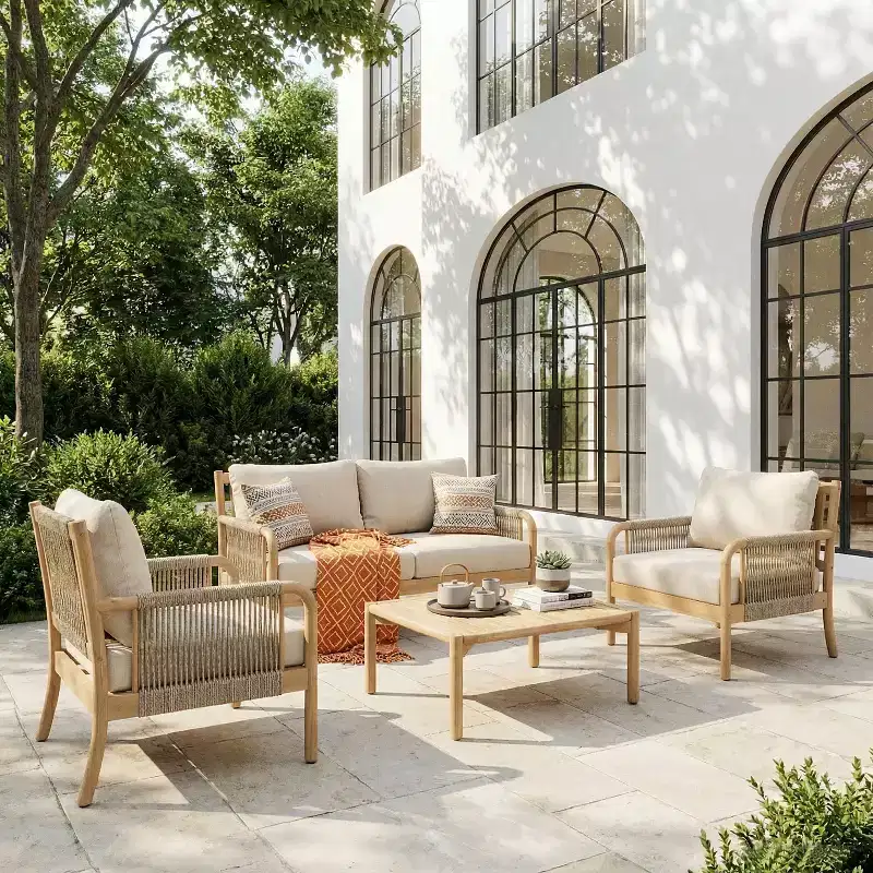Christopher Knight Home Anil 5 Piece Patio Acacia Wood and Rope Seating Set with Slatted Table