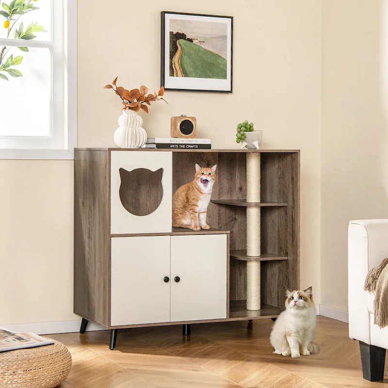 Grey & White Wood Top Cat Litter Box Enclosure with Tree Tower, for 1–2 Cats