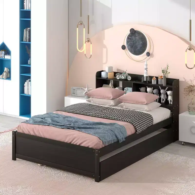 Whisen Full Size Bed & Bed Frame with Trundle and Bookcase Headboard