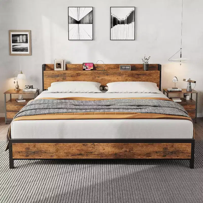 King Size Bed Frame with Charging Station and USB Ports, Industrial King Bed Platform with Headboard, 2-Tier Storage Bedframe,Brown