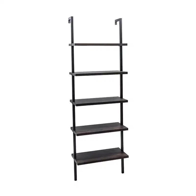 73-Inch 5-Tier Wall Mount Ladder Bookshelf - Metal Frame