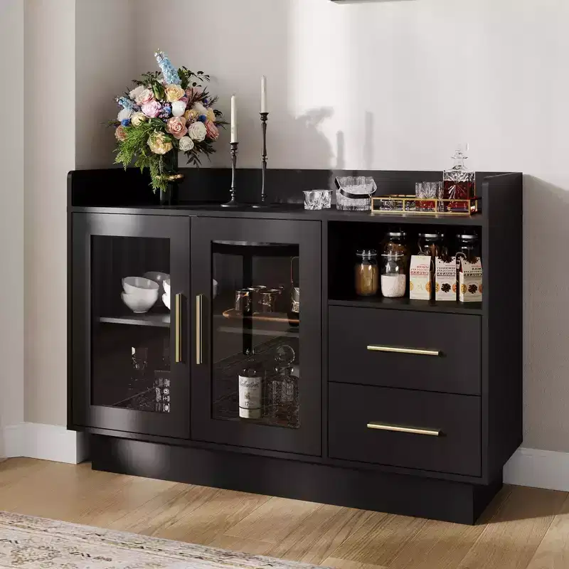 COZONY Glass Door Storage Cabinet, Freestanding Display Cabinet w/ Drawers for Living Room & Dining Room