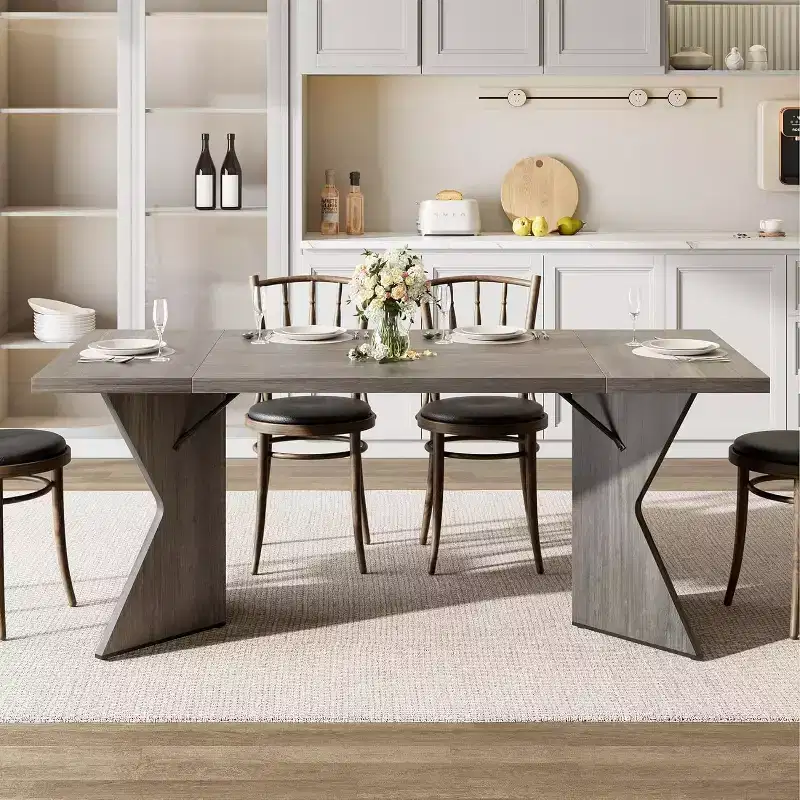 CuisinSmart 70.9'' Dining Table for 6, Farmhouse Rectangular Kitchen Table with Sturdy Frame and V Leg, Wooden Thickened Long Desk