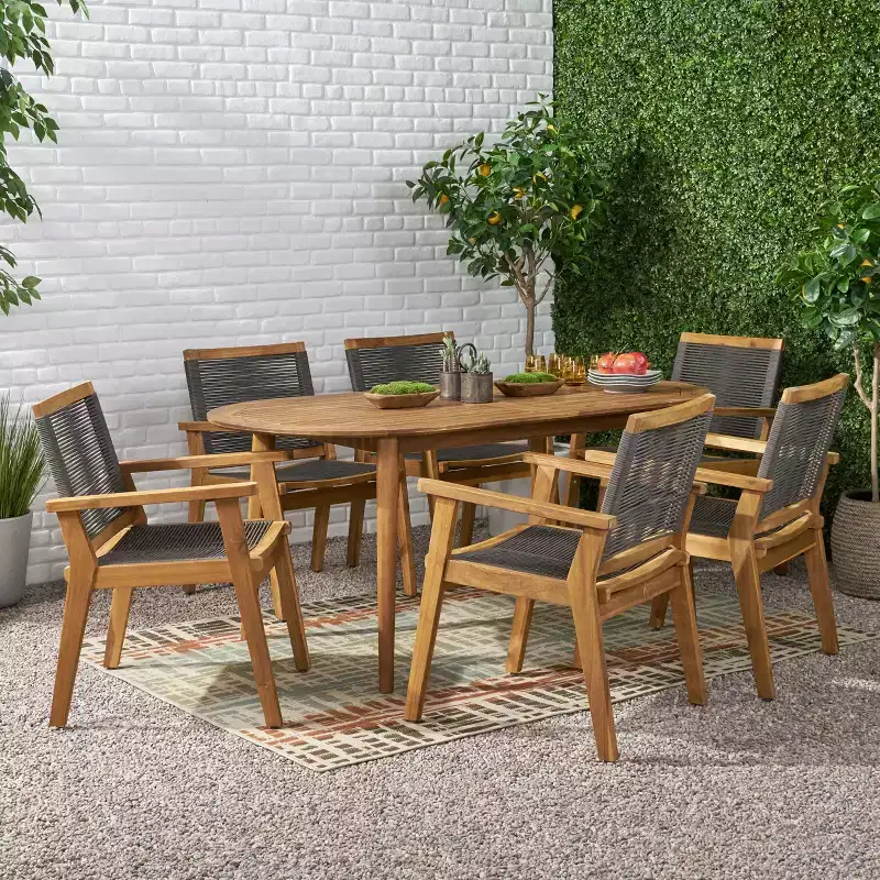 Christopher Knight Home Mcgill Outdoor Rope and Acacia Wood 7 Piece Dining Set, Teak/Dark Gray