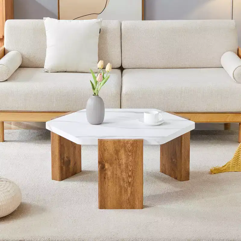 Zeus & Ruta 31-Inch Modern Hexagonal Coffee Table with White Marble Surface