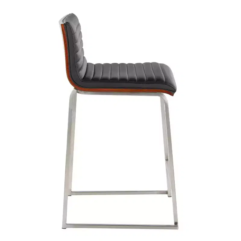 Counter Height Barstools Set of 2 Walnut Wood Back Black Faux Leather Stainless Steel