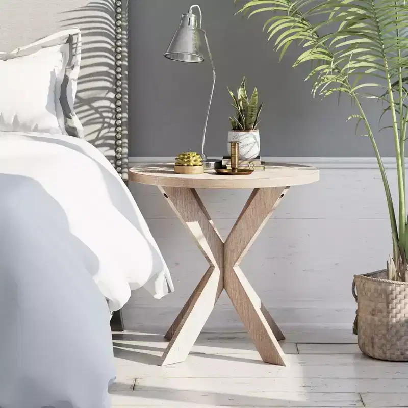 Farmhouse Round Wooden End Table with Cross Legs, Vintage Grey Finish