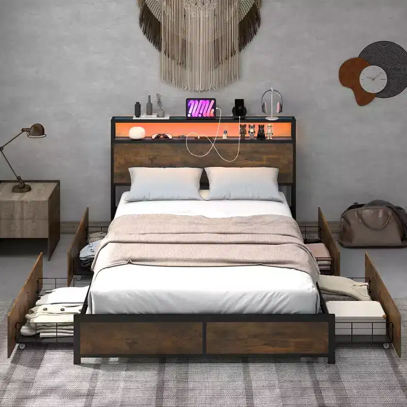 Full/Queen Industrial Platform Bed with Storage Drawers & LED Headboard