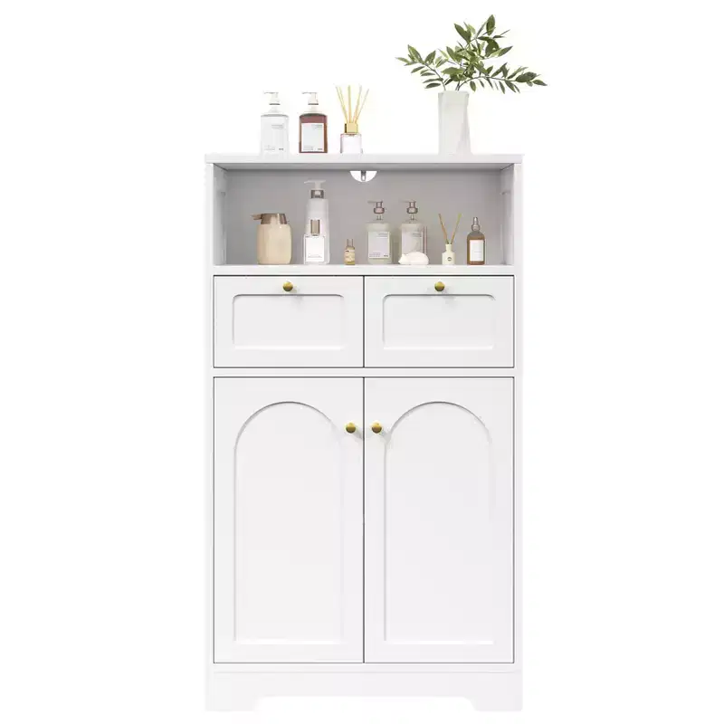 KOLIGEY Modern Bathroom Floor Cabinet with Open Shelf 2 Doors 2 Drawers Storage Cabinet Cupboard for Living Room Kitchen Home Office White