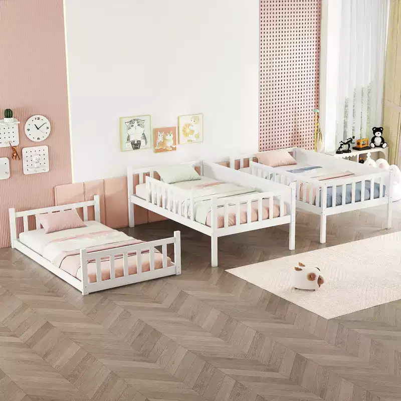 Twin Size Triple Rubber Wood Bunk Bed with Ladders Guardrails Detachable Bunk Bed for Bedroom White