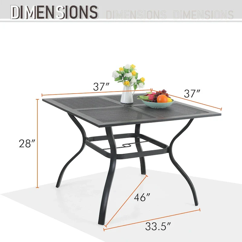 MAISON ARTS 6-Piece Metal Patio Dining Set: 4 Swivel Chairs, 1 Steel Frame Square 37 Table and 1x10ft 3-Tier Red Umbrella