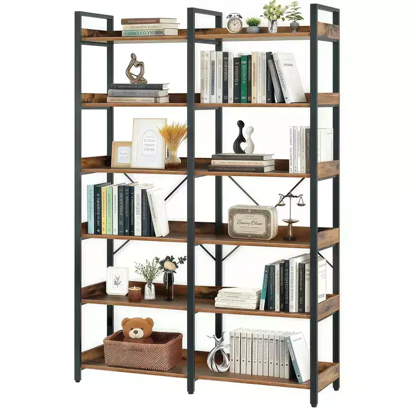 6-Tier Industrial Bookshelf (67) - Wooden Open Shelves, Metal Frame Bookcase, Freestanding Storage Display for Home & Office (Brown)