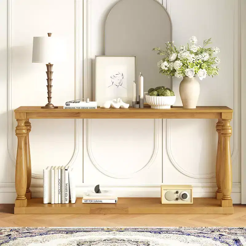 Vintage Wood-Grain Console Table, Vase Legs, Base Shelf, for Entryway, Hallway, Living Room, Bedroom