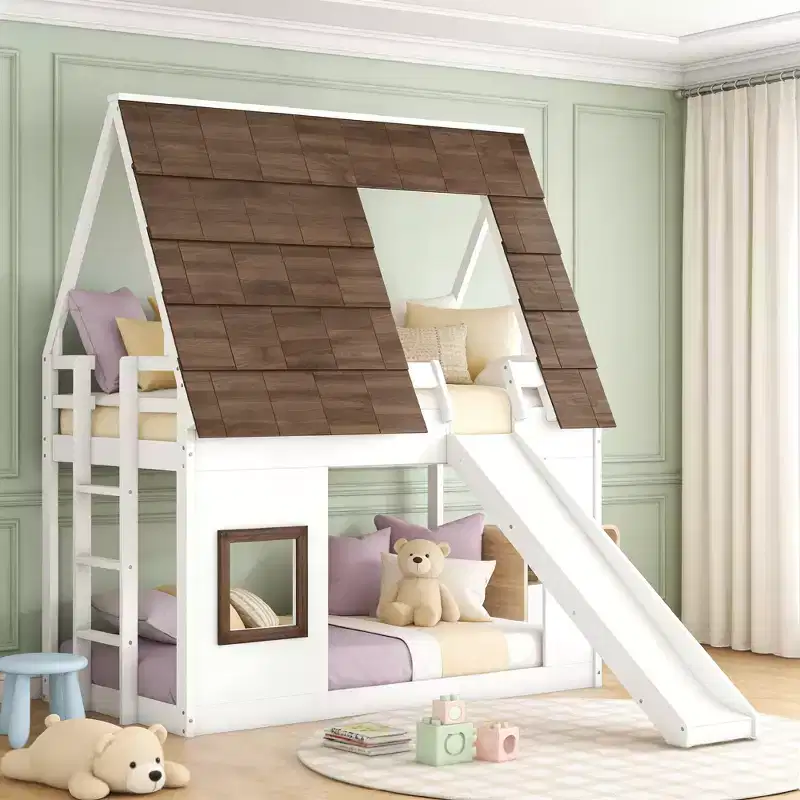 Luxystar Twin Size House Bunk Bed with Roof, Window, Ladder and Slide, White+Brown