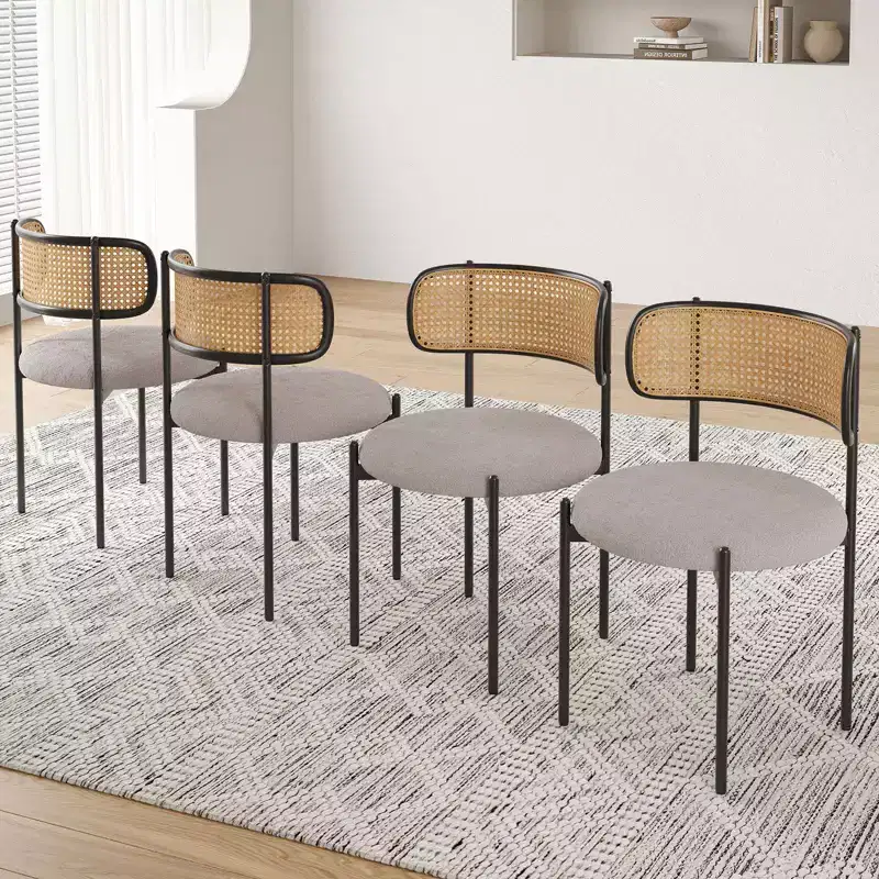 PexFix 4Pcs Modern Upholstered Dining Chairs Rattan Back Dining Room Chairs Accent Kitchen Chairs with Metal Legs Light Gray