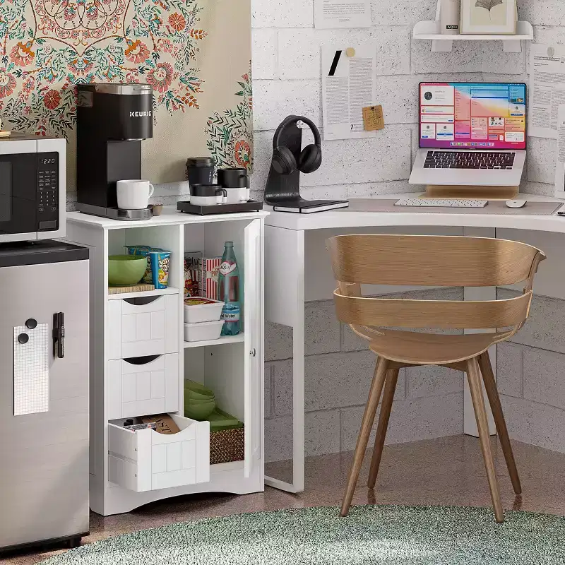 Single Door Bathroom and Laundry Storage Cabinet with 3 Drawers, Open and Adjustable Shelf