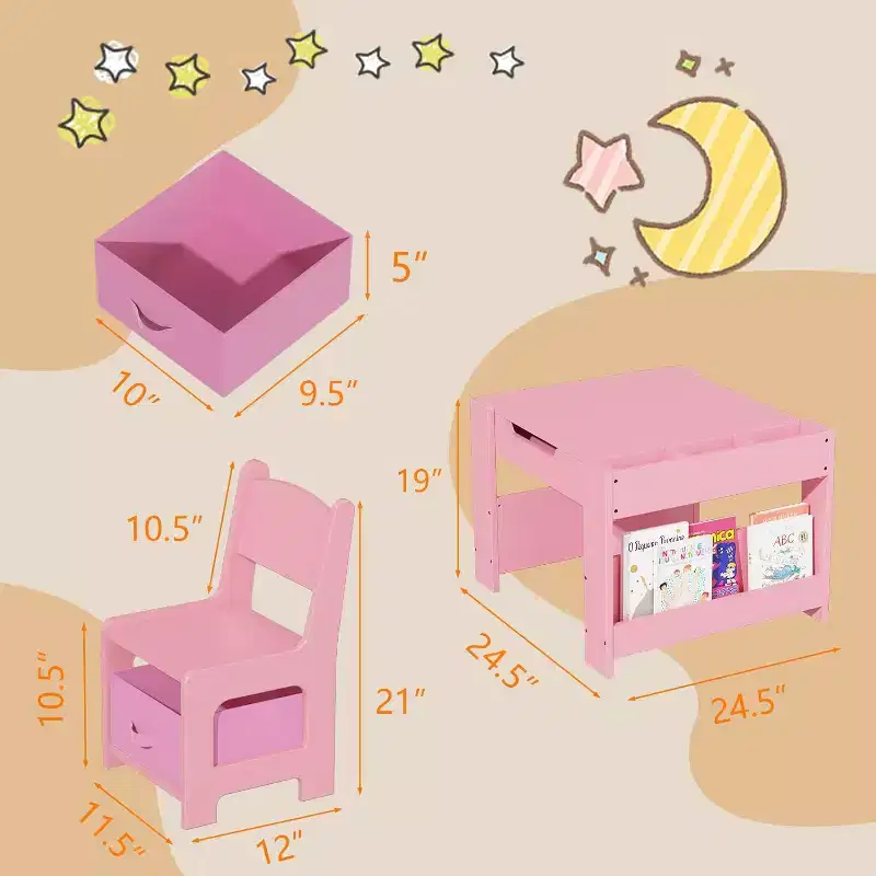 Garvee Kids Table and Chair Set, 4-in-1 Wooden Activity Table & 2 Chairs with Storage Drawer Detachable Tabletop, for Kids (Pink)