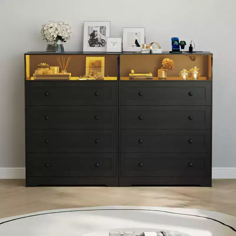 Wood 4-Drawer Dresser with LED Lights & Charging Station