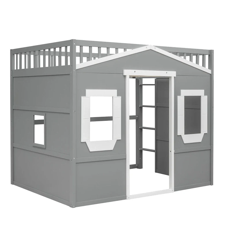 House Loft Bed With Ladder-Gray+White Frame
