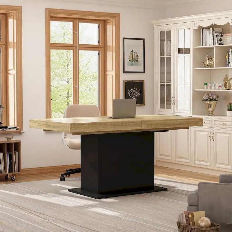Extendable Dining Room Table Wood Finish Top Computer(Black/White)