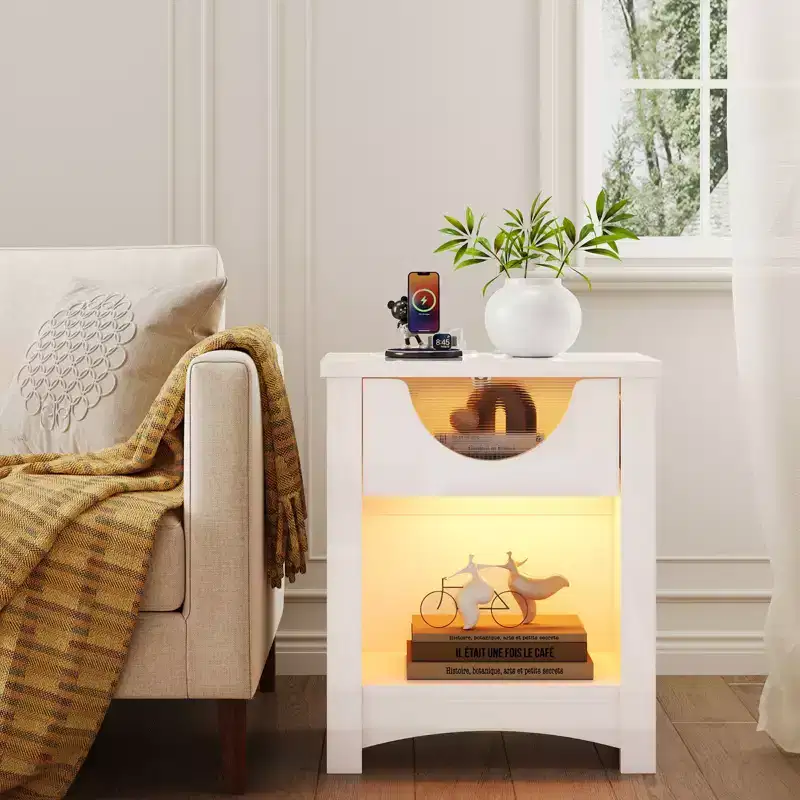 Night Stand with Charging Station, LED Modern End Table Bedside Table with Drawer for Bedroom & Living Room, Bright White