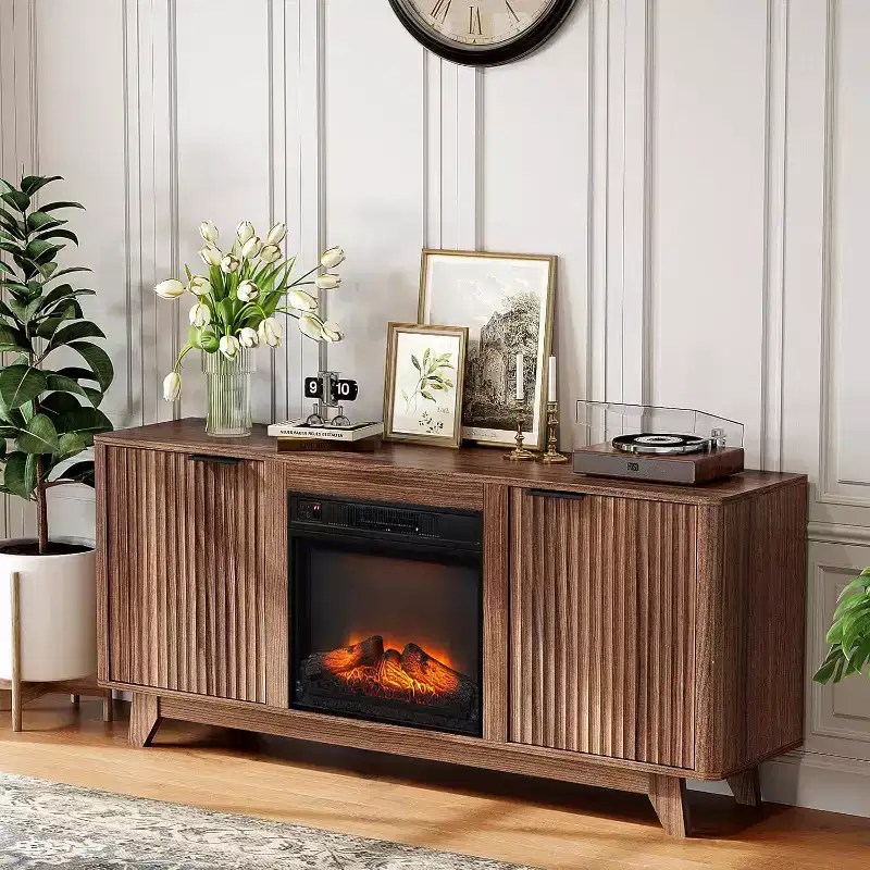 Fluted Fireplace TV Stand for up to 70 inch TVs, Entertainment Center with Electric Fireplace Heater & Adjustable Shelves