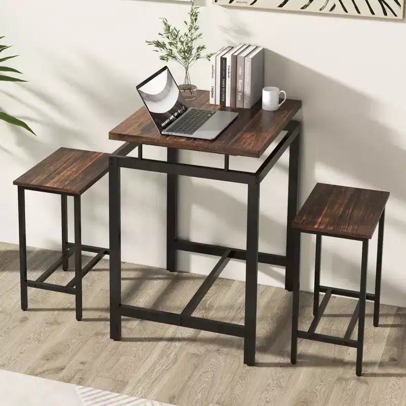 Costway 3 Pieces Bar Table Set Square Counter Height Table with Stools Floating Tabletop & Footrest Industrial Pub Table Set for Small Space