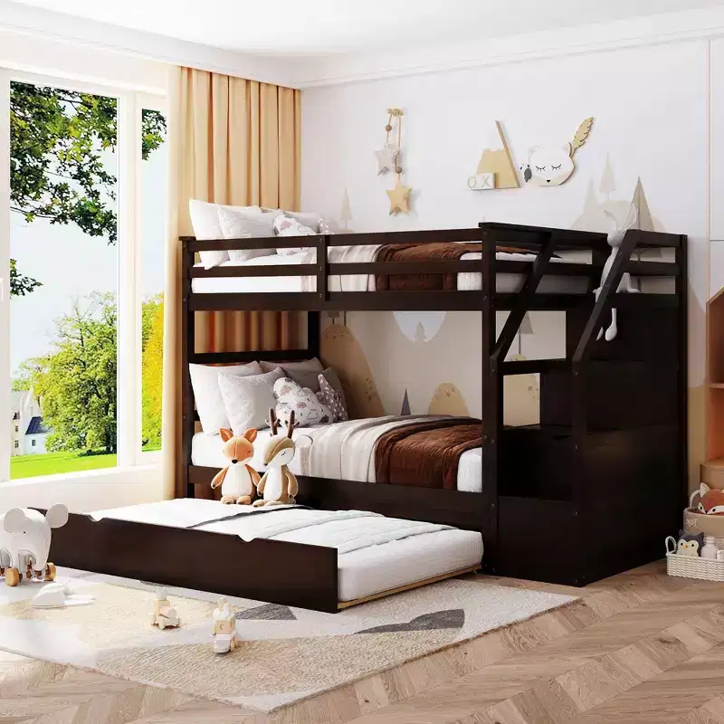 Twin over Twin Bunk Bed with Trundle and Storage Stairs, Wood Bunkbed with Full-Length Guardrails