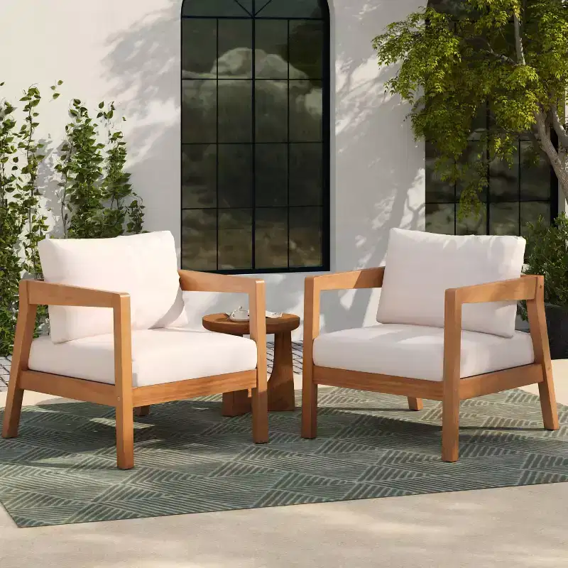 Christopher Knight Home Kittisak Farmhouse Acacia Wood Upholstered Patio Lounge Chairs with Cushion (Set of 2)
