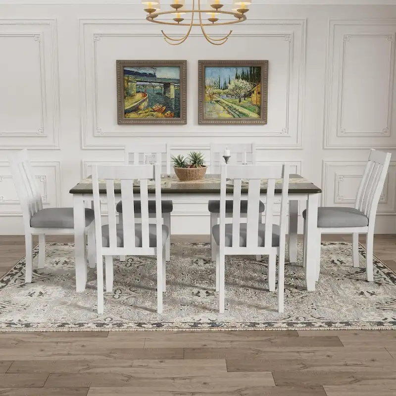 Retro Style 7-Piece Dining Table Set with Extendable Table and 6 Upholstered Chairs (Antique Brown+White)